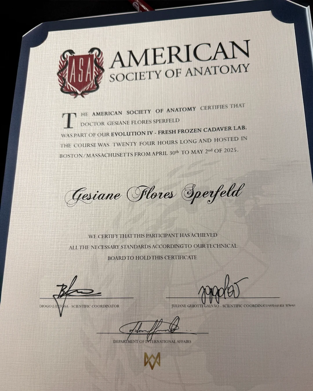 Certificado da American Society of Anatomy em nome de Gesiane Flores Sperfeld
